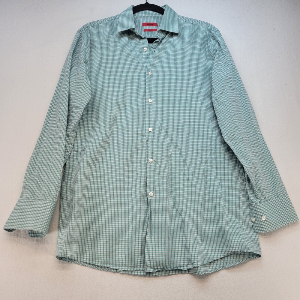 Hugo Hugo Boss Dress Shirt Mens 15.5 32/33 Green Sharp Fit Micro Check Cotton